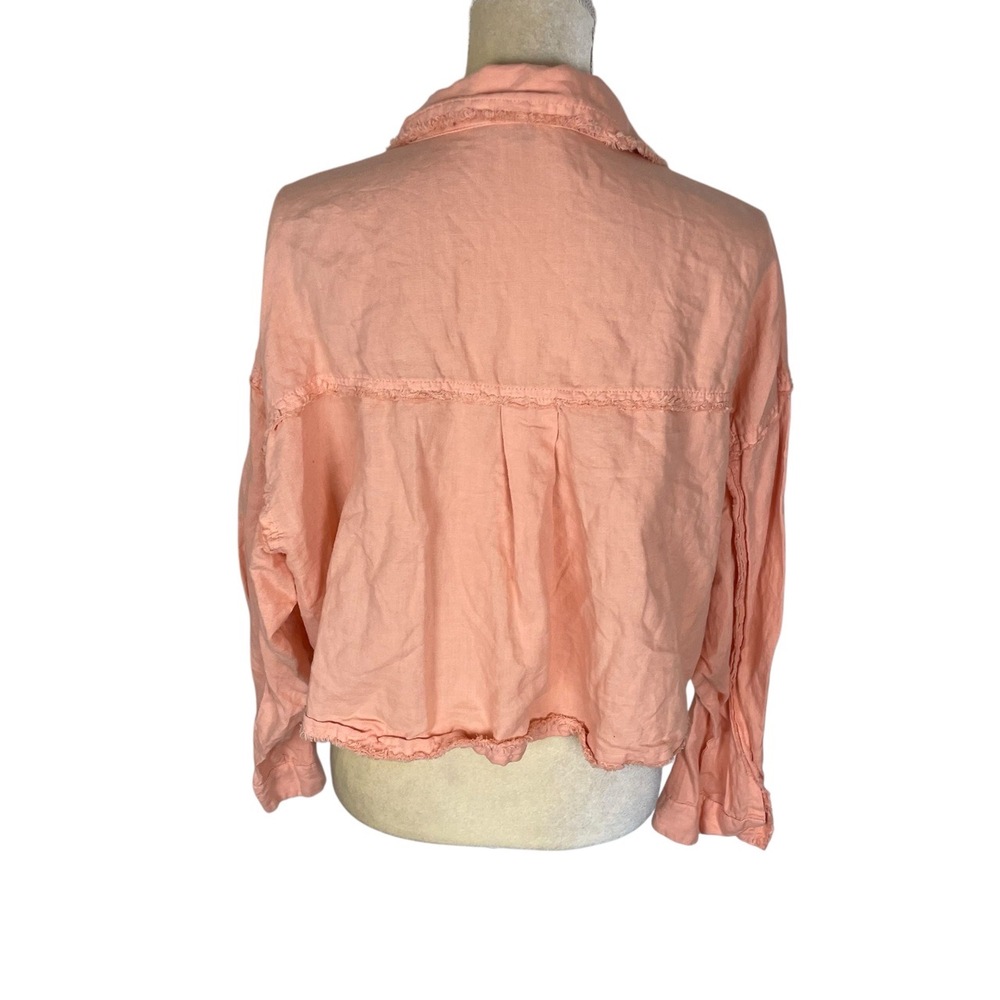 Zara Peach Coral Button Up Frayed Hem Cropped Jacket Womens Large - Picture 3 of 9